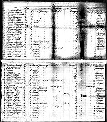 Black and white image of U.S. Immigration records on a tattered piece of paper. Line 33 mentions "Friedr. Trumpf", age 16, born in "Kallstadt", Germany.