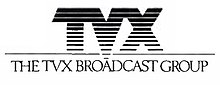Bold stylized letters TVX with a fading line pattern above a thin line and the words "The T V X Broadcast Group" in a serif