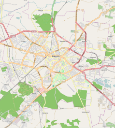 Mapa konturowa Białegostoku, po lewej znajduje się punkt z opisem „Parafia pw. św. Andrzeja Boboli w Białymstoku”