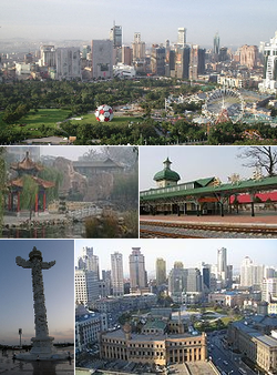 Clockwise frae tap: Dalian's Skyline, Lüshun Station, Zhongshan Square Xinghai Square, an Laodong Pairk