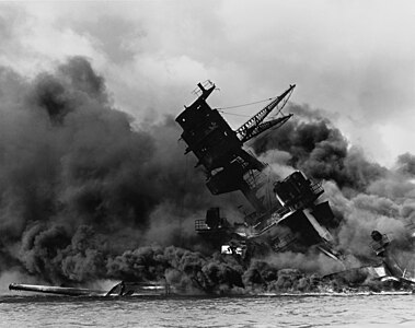 USS Arizona during the attack on Pearl Harbor, author unknown (United States Navy) (edited by Mmxx)