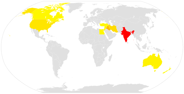 La gradación de rojo (India) a amarillo (Israel, Nueva Zelanda y Palestina) indica la mayor o menor cantidad de jurisdicciones.