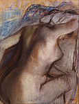 Po kopanju, ženska se briše, c. 1884–1886, preoblikovana med 1890 in 1900, pastel na tkanem papirju, 40,5 × 32 cm, Musée Malraux, Le Havre
