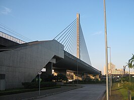 An elevated station in Sao Paolo has a design like a cable-stayed bridge..