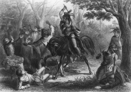 Tecumseh stands between an armed warrior and helpless prisoners