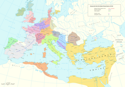 A colored drawing of Europe in 476 A.D., showing the borders of states at the time by different colors, with the Roman Empire in yellow, and the Vandal kingdom in orange
