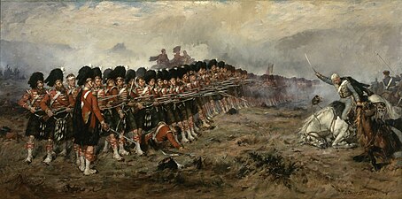 Robert Gibb's 1881 painting, The Thin Red Line, depicting The Thin Red Line at the Battle of Balaclava (1854), when a line of the Scottish Highland infantry repulsed a Russian cavalry charge. The name was given by the British press as a symbol of courage against the odds.