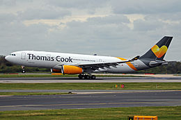 An AirTanker demilitarised Airbus A330-243 G-VYGK (MSN: 1498) wet-leased to Thomas Cook Airlines at Manchester Airport, 2015.