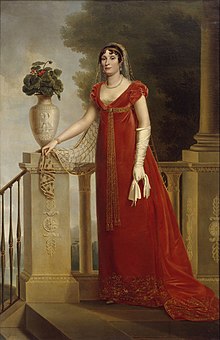 Tableau représentant une femme debout portant une robe rouge s'appuyant contre une rambarde