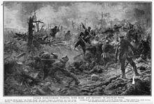 Dessin en noir et blanc de soldats s'affrontant avec des baïonnettes dans un paysage dévasté