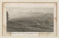 Bangalore Fort as seen from the Kempegowda Lalbagh Tower. Engraving by Claude Martin, from an earlier drawing of a southerly view of Bangalore in Karnataka, published by J. Sewell in 1792.[42]