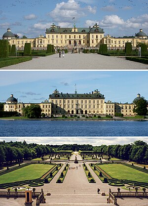 Fasad mot väster, fasad mot öster och barockträdgården.