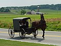 Satu keluarga Amische berkendara kereta kuda di Lancaster, Pennsylvania, Amerika Serikat