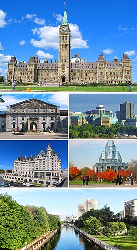 No topo: o Centre Block. Abaixo: o Rideau Hall; Centro de Ottawa; Château Laurier; Galeria Nacional e o Canal Rideau.
