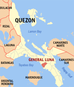 Mapa ng Quezon na nagpapakita sa lokasyon ng Heneral Luna.