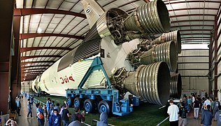 A rear view of the Saturn V on display