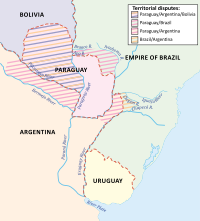 A map showing Uruguay and Paraguay in the center with Bolivia and Brazil to the north and Argentina to the south; cross-hatching indicates that the western half of Paraguay was claimed by Bolivia, the northern reaches of Argentina were disputed by Paraguay, and areas of southern Brazil were claimed by both Argentina and Paraguay