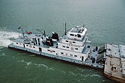 Towboat V.W. Meythaler upbound at Clark Bridge (1 of 2), Louisville, Kentucky, USA, 1987