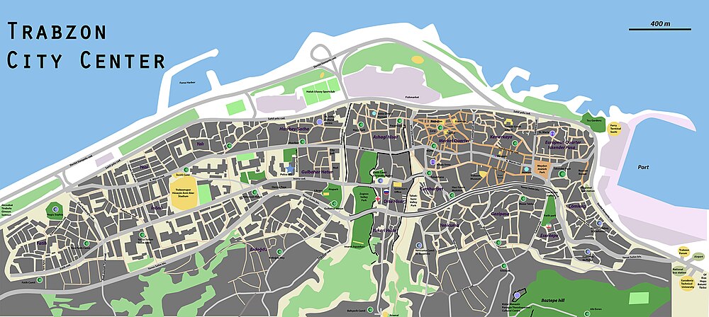 ტრაპიზონის ტურისტული რუკა, მასზე დატანილია ქალაქის ღირსშესანიშნაობები და გამწვანებული ადგილები
