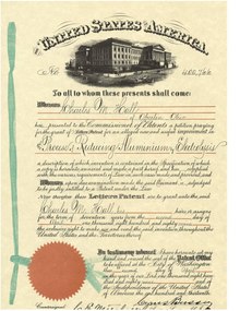 Cover of Hall's patent for electrolytic aluminium production