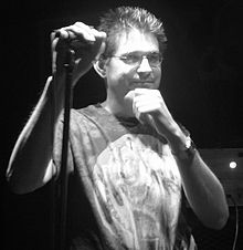 Steve Albini in front of a microphone