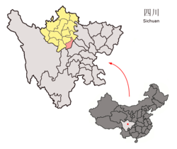 Location of Wenchuan County (red) in Ngawa Prefecture (yellow) and Sichuan