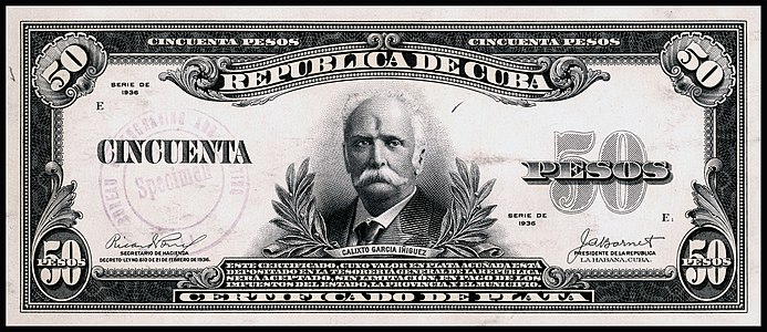 Certified proof of Cuban fifty silver peso note, showing Calixto García
