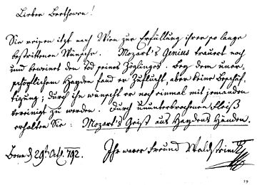 Lettre de Waldstein à Beethoven, 29 octobre 1792 : « Recevez des mains de Haydn l’esprit de Mozart ».