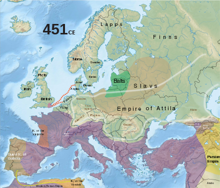 A colored drawing of Europe in 451 A.D., showing the borders of states at the time of Attila by different colors, with the Roman Empire in purple, and the Hunnic Confederation by name