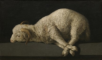 Bodegón with a religious theme — Lamb of God. Agnus Dei by Francisco de Zurbarán; 1635–40, 37 × 62 cm, Prado Museum.