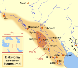 Luas wilayah Kerajaan Babilonia pada awal dan akhir masa pemerintahan Hamurabi, sekarang termasuk wilayah negara Kuwait dan Irak