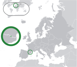 ที่ตั้งของ ประเทศอันดอร์รา  (ตรงกลางวงกลมเขียว) ในทวีปยุโรป  (เทาเข้ม)  —  [คำอธิบายสัญลักษณ์]