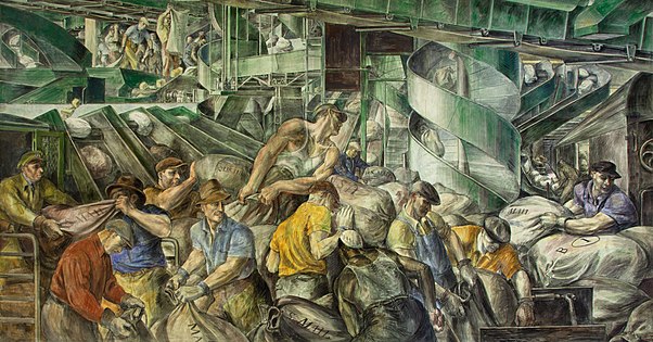 Reginald Marsh, 1936. Trabalhadores classificando a correspondência. Mural na Alfândega dos EUA em Nova York