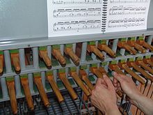 カリヨンの鍵盤とその上部に置かれているカリヨン向けの楽譜