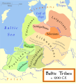Image 26Baltic tribes around 1200, in the neighbourhood about to face the Teutonic Knights’ conversion and conquests; note that Baltic territory extended far inland. (from History of Lithuania)