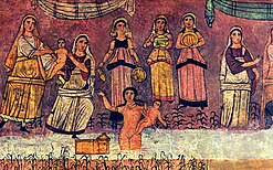 Ícone judeu do século II ou III, presente na Sinagoga de Dura Europo, que representa o momento em que o Moisés foi tirado do rio, pela filha do faraó