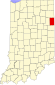 Harta statului Indiana indicând comitatul Adams