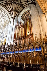 Choir stalls canopy, organ, tower arch and fan vault