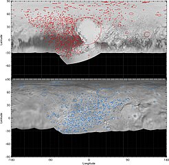 Distribution of numerous impact craters and basins on both Pluto and Charon. The variation in density (with none found in Sputnik Planitia) indicates a long history of varying geological activity. Precisely for this reason, the confidence of numerous craters on Pluto remain uncertain.[115] The lack of craters on the left and right of each map is due to low-resolution coverage of those anti-encounter regions.