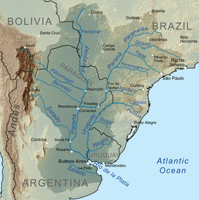 Kaart van die Río de la Plata-bekken in Suid-Amerika.