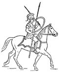 A black and white sketch of a cavalryman from the ancient era carrying two spears and a shield