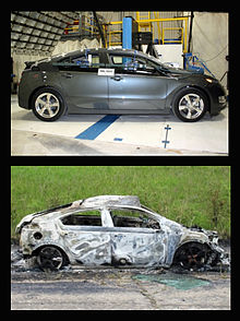 The top image shows a fine, dark gray liftback in an automobile safety/testing laboratory. The bottom shows a destroyed version of the car, as the result of a fire.