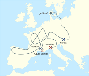 The migrations of the Cimbri and the Teutons. L Roman victories. W Cimbri and Teutons victories.