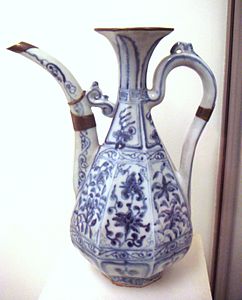 Chinese blue and white porcelain from about 1335, made in Jingdezhen, the porcelain centre of China. Exported to Europe, this porcelain launched the style of Chinoiserie.