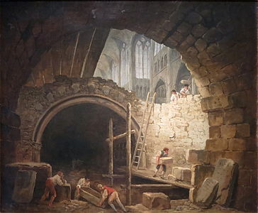 Skrunitev kraljevih grobnic leta 1793, ki jo je upodobil Hubert Robert