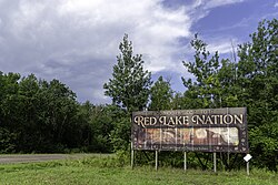 Red Lake welcome sign in Bejou, Minnesota in 2023