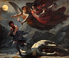 darkly shaded painting of two winged angels chasing a man who runs away from a fallen, naked man attacked and subdued for his clothing