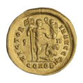 سکه‌ای از تئودوسیوس یکم (۳۹۳-۳۹۵)، با پرچمی که صلیب مورب روی آن نقش بسته‌است.