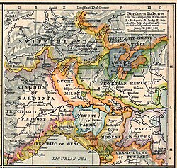 1796 yılında Kuzey İtalya Modena ve Papalık Temsilcilikleri (sağ altın tamamı) Cispadan Cumhuriyeti altında birleştirildi.