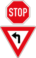 Stop. But drivers turning left must give way / yield